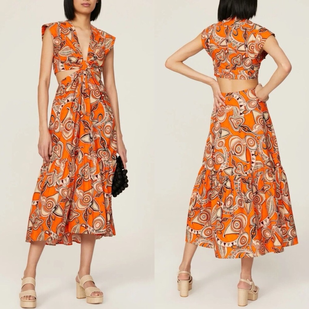 A.L.C. Alexandria Dress Women 4 Orange Print Midi A-Line Open Back Cap Sleeve